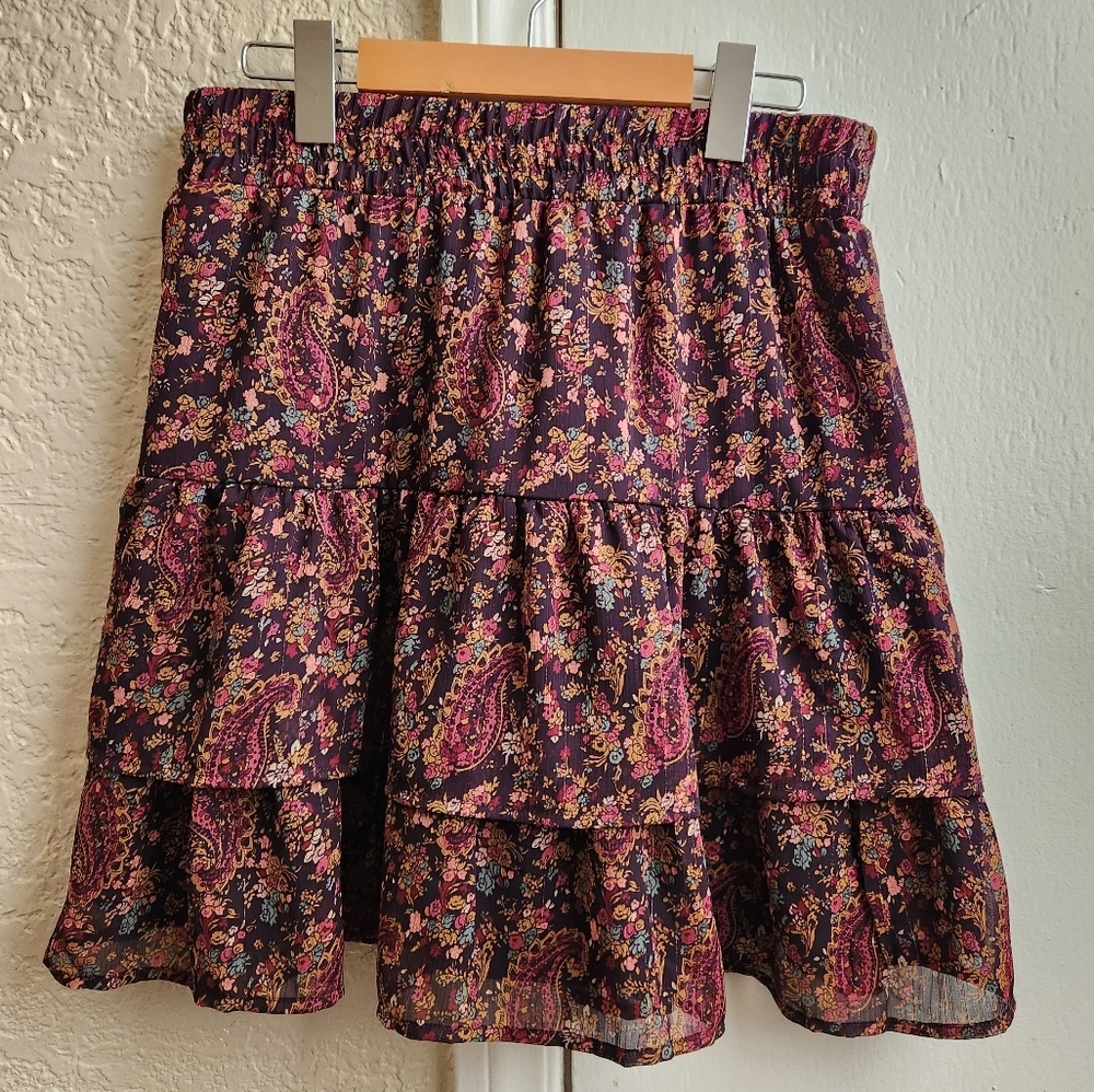 Tiered Paisley Floral Skirt in Black and Pink